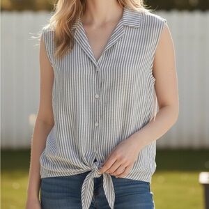 Tommy Bahama Blue and White Striped Sleeveless Button-Down Shirt